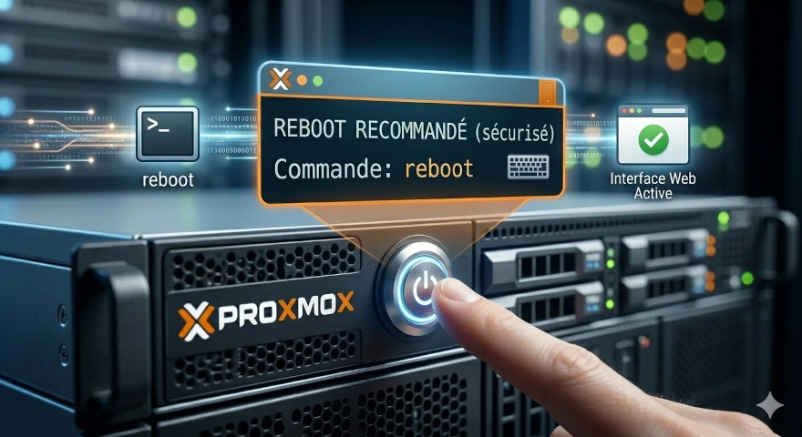 Redémarrage complet pour valider la nouvelle configuration de Proxmox.