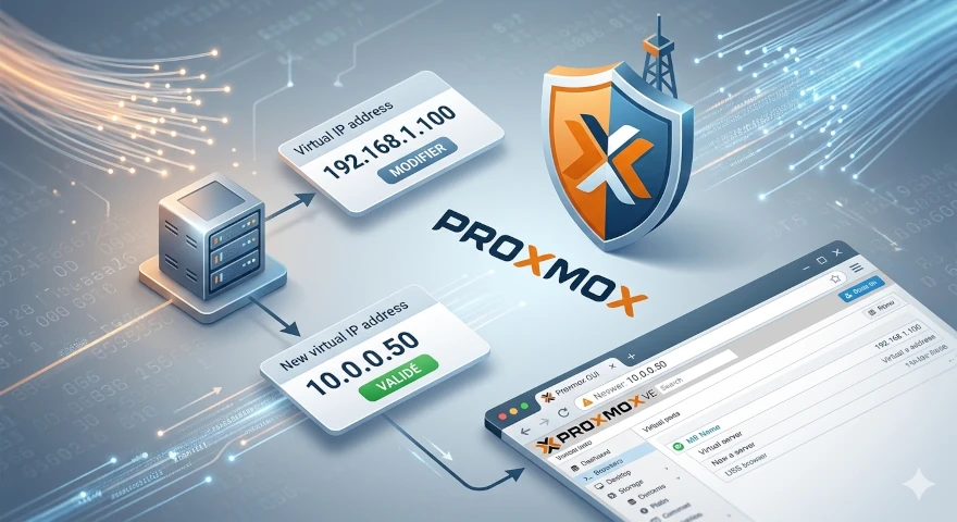 Tutoriel pour Proxmox changer adresse IP : logo officiel, terminal CLI et interface Web Proxmox