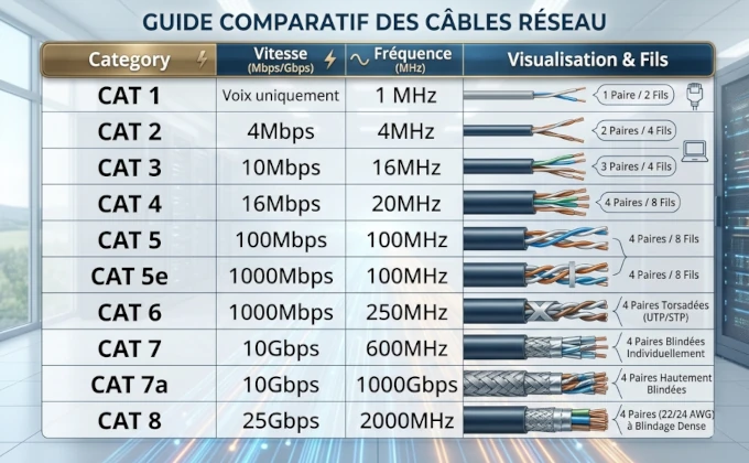 Tableau comparatif des catégories de câble Ethernet et fréquences