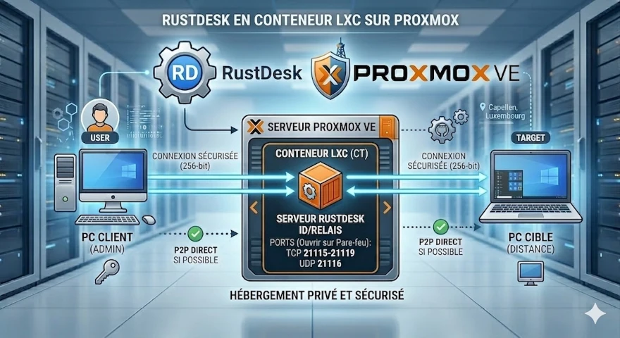 Schéma réseau pour installer RustDesk Proxmox en conteneur