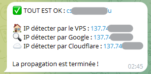 Telegram avec alerte de propagation DNS fini.