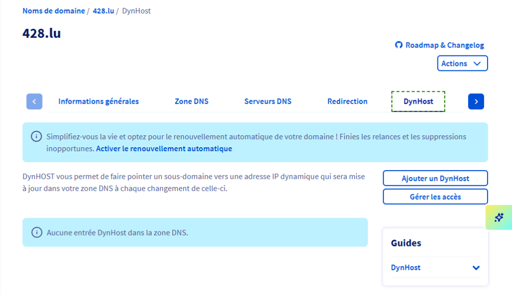Interface OVH pour activer le service DynHost sur un nom de domaine
