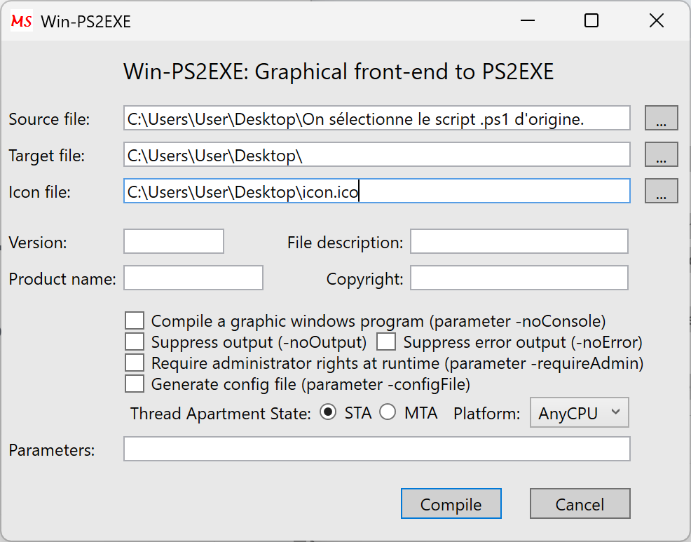 Interface graphique Win-PS2EXE pour conversion de script
