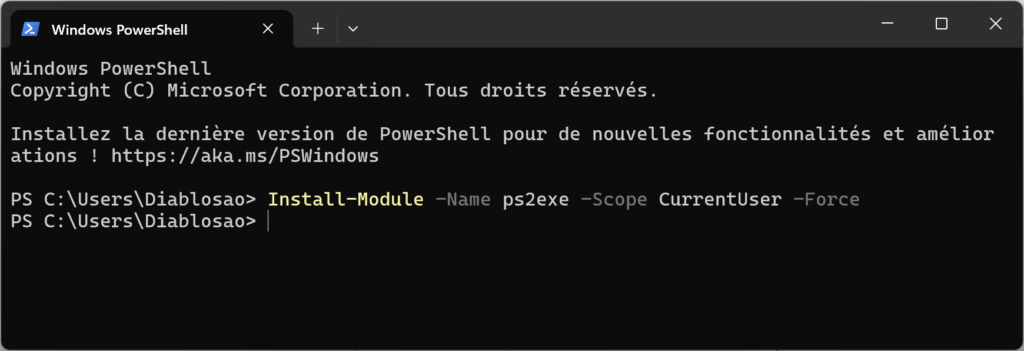 Installation du module PowerShell en EXE via le terminal
