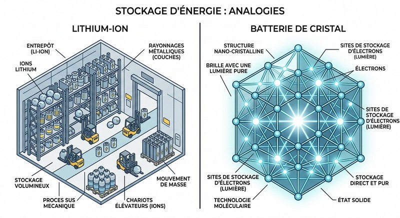 batterie de cristal et l'analogie de l'entrepôt des stockage du lithium ... 