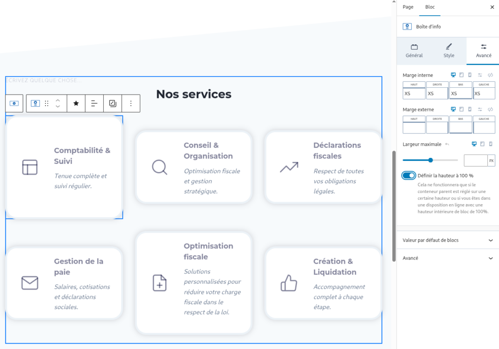 Ajuster la Boîte d'info (Info Box) pour définir la hauteur à 100%.
