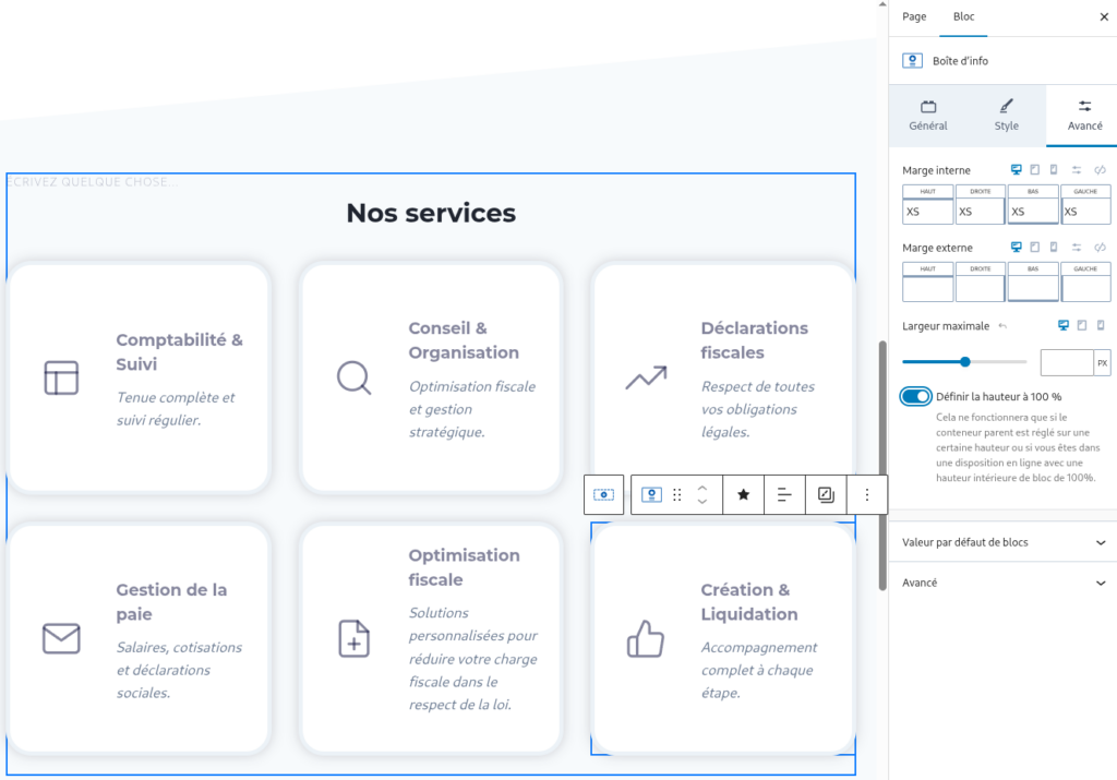 Ajuster la Boîte d'info (Info Box) pour définir la hauteur à 100%.
