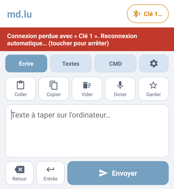 Bandeau rouge de l'application annonçant la connexion perdue avec la clé et la reconnexion automatique en cours.