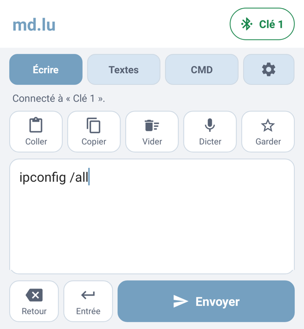 Onglet « Écrire » de l'application : barre d'outils, zone de texte contenant une commande, et boutons Retour, Entrée et Envoyer.