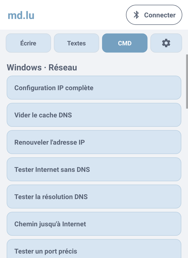 Onglet « CMD » de l'application : liste de commandes de dépannage réseau pour Windows, présentées sous forme de boutons.